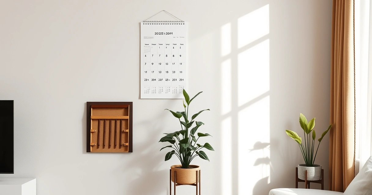 Calendário de parede e um vaso de planta no canto de uma sala