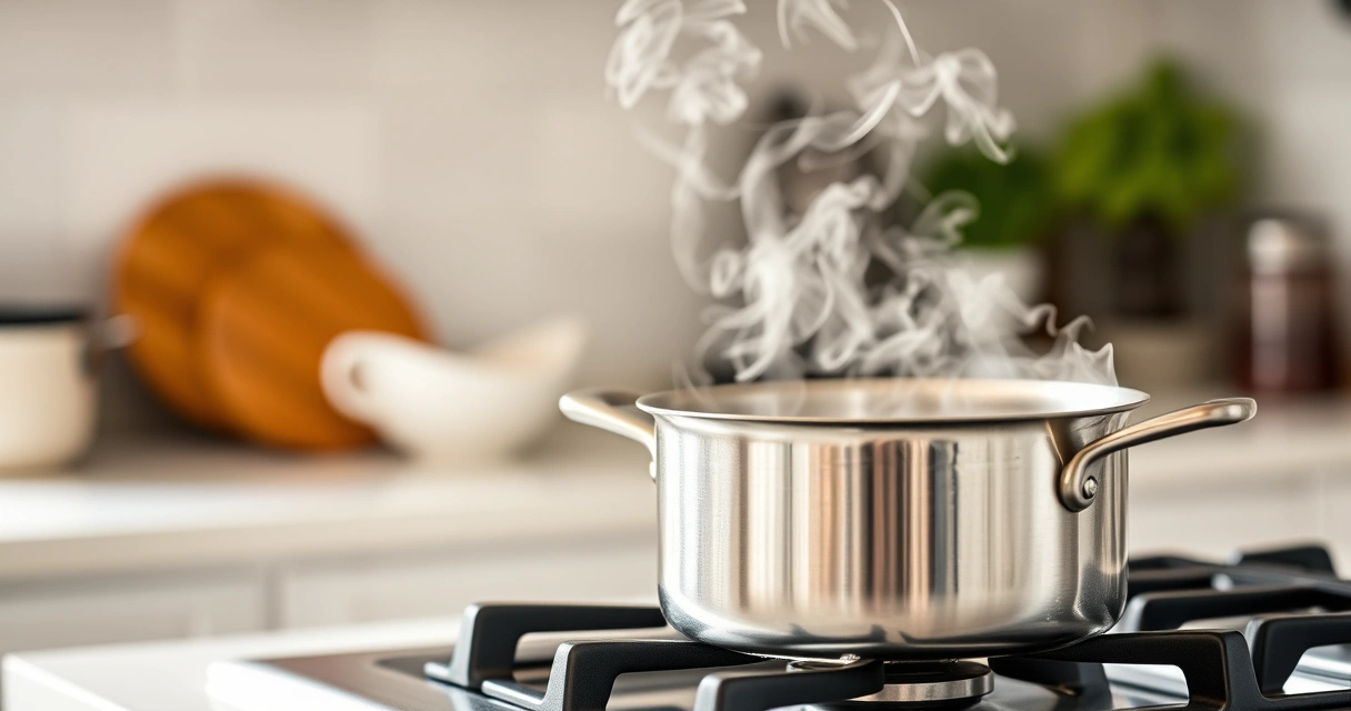 Panela sobre o fogão, com vapor subindo, e a bancada desfocada ao fundo