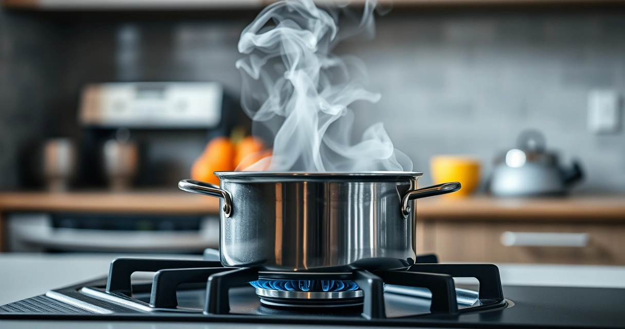 Panela sobre o fogão, com vapor subindo, e a bancada desfocada ao fundo