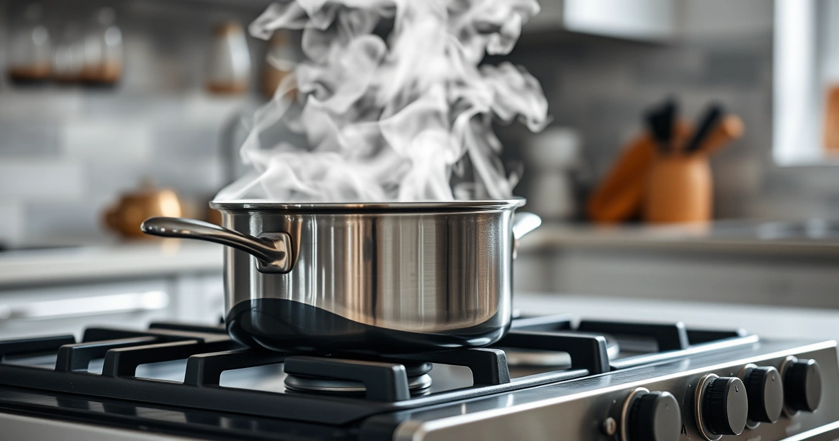Panela sobre o fogão, com vapor subindo, e a bancada desfocada ao fundo