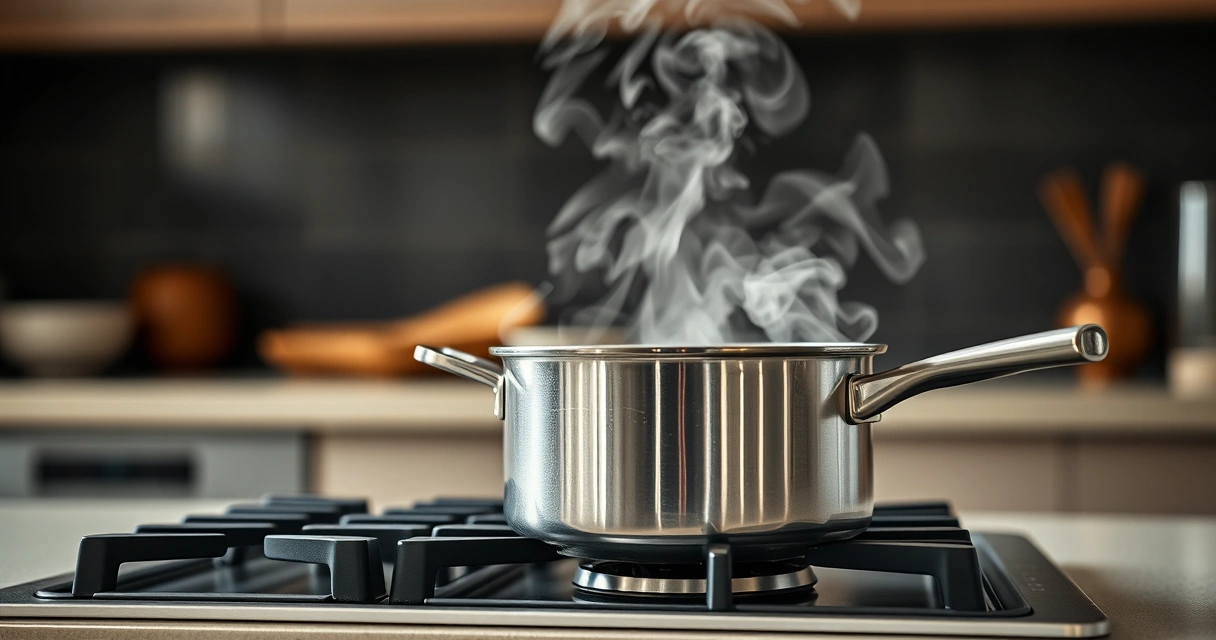 Panela sobre o fogão, com vapor subindo, e a bancada desfocada ao fundo