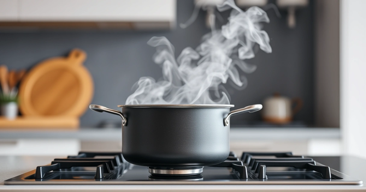 Panela sobre o fogão, com vapor subindo, e a bancada desfocada ao fundo