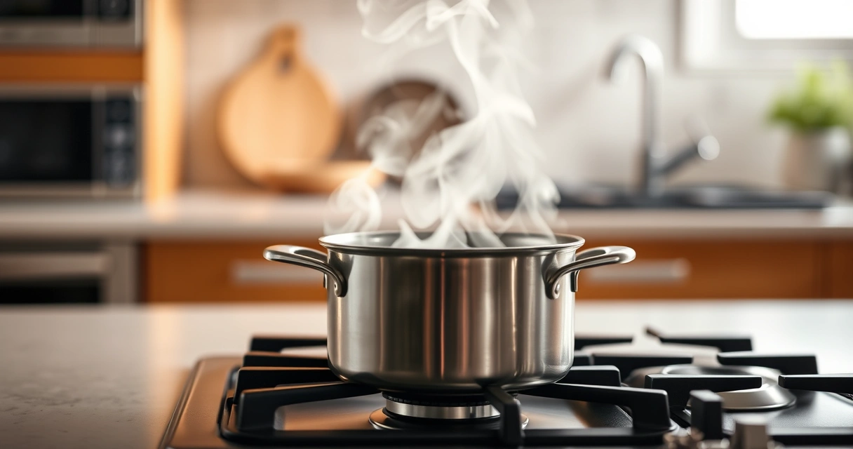 Panela sobre o fogão, com vapor subindo, e a bancada desfocada ao fundo