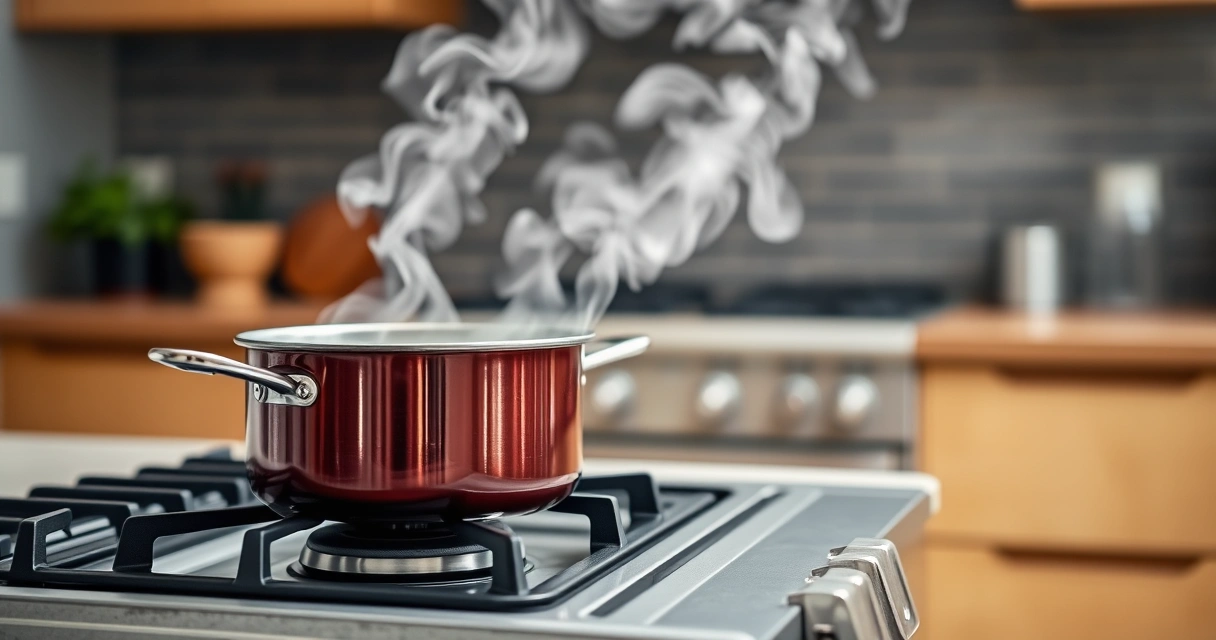 Panela sobre o fogão, com vapor subindo, e a bancada desfocada ao fundo