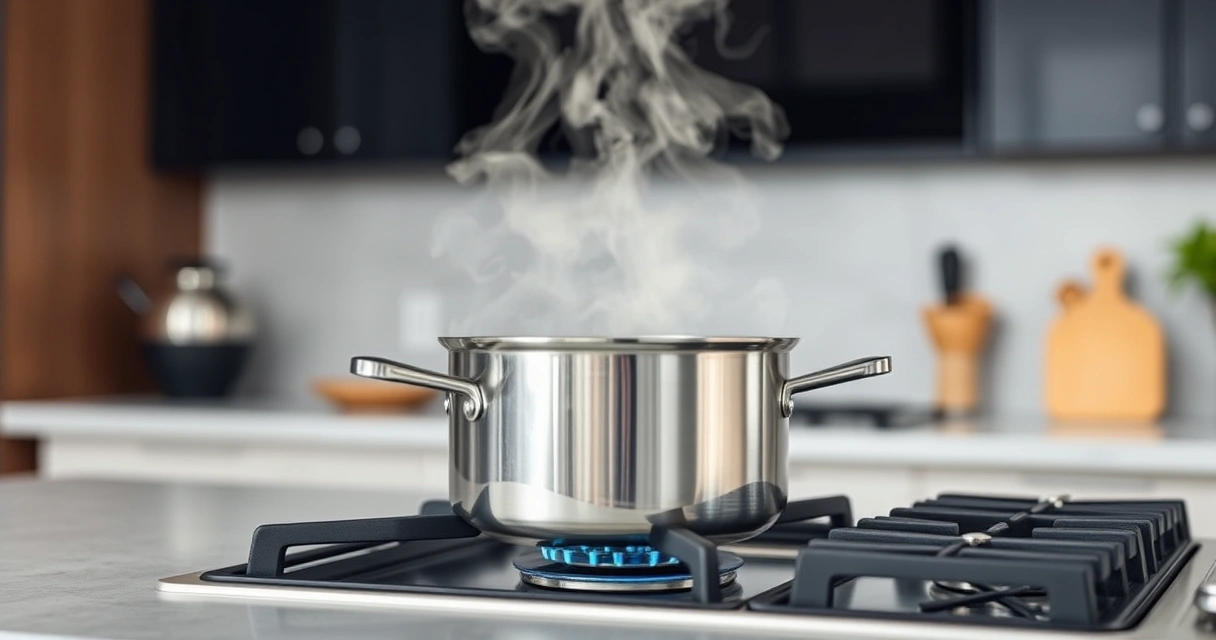 Panela sobre o fogão, com vapor subindo, e a bancada desfocada ao fundo
