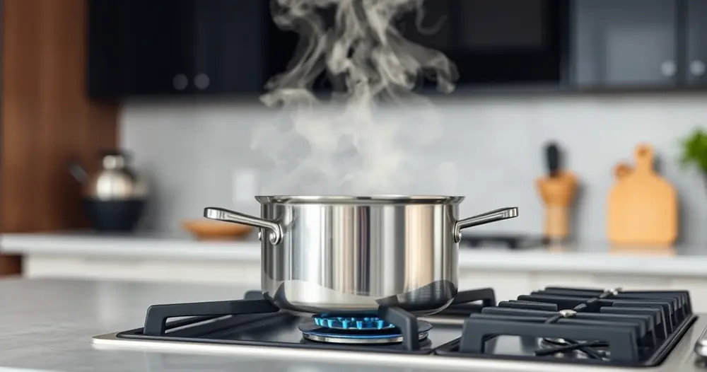 Panela sobre o fogão, com vapor subindo, e a bancada desfocada ao fundo