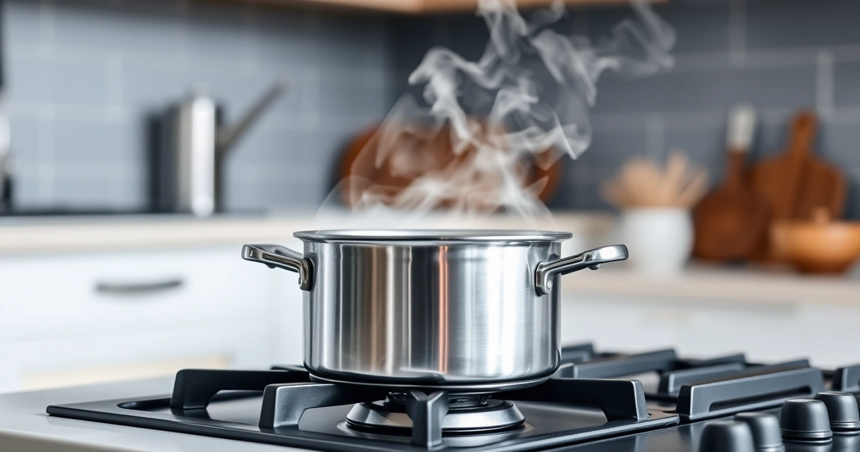 Panela sobre o fogão, com vapor subindo, e a bancada desfocada ao fundo