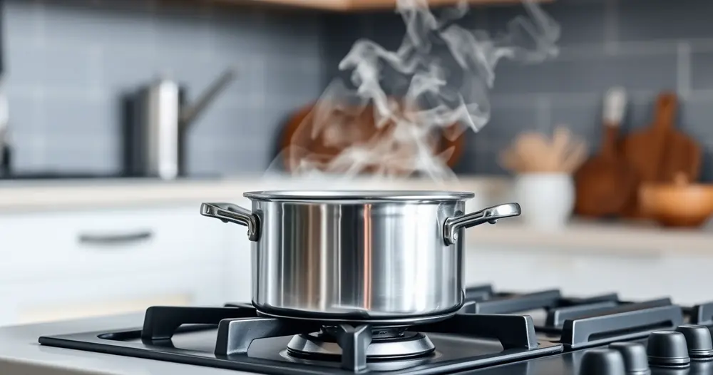 Panela sobre o fogão, com vapor subindo, e a bancada desfocada ao fundo