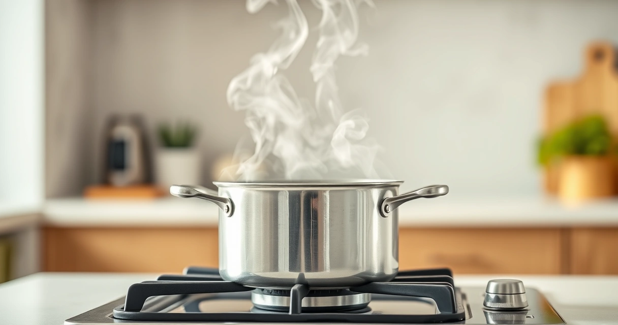 Panela sobre o fogão, com vapor subindo, e a bancada desfocada ao fundo