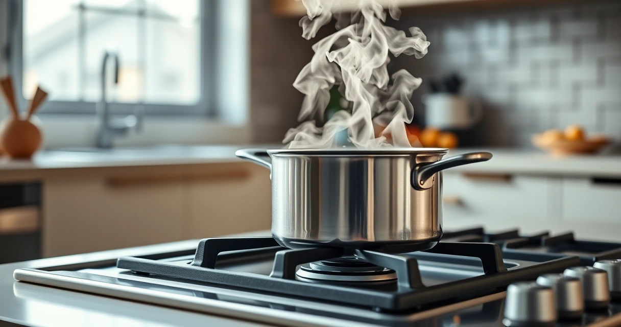 Panela sobre o fogão, com vapor subindo, e a bancada desfocada ao fundo