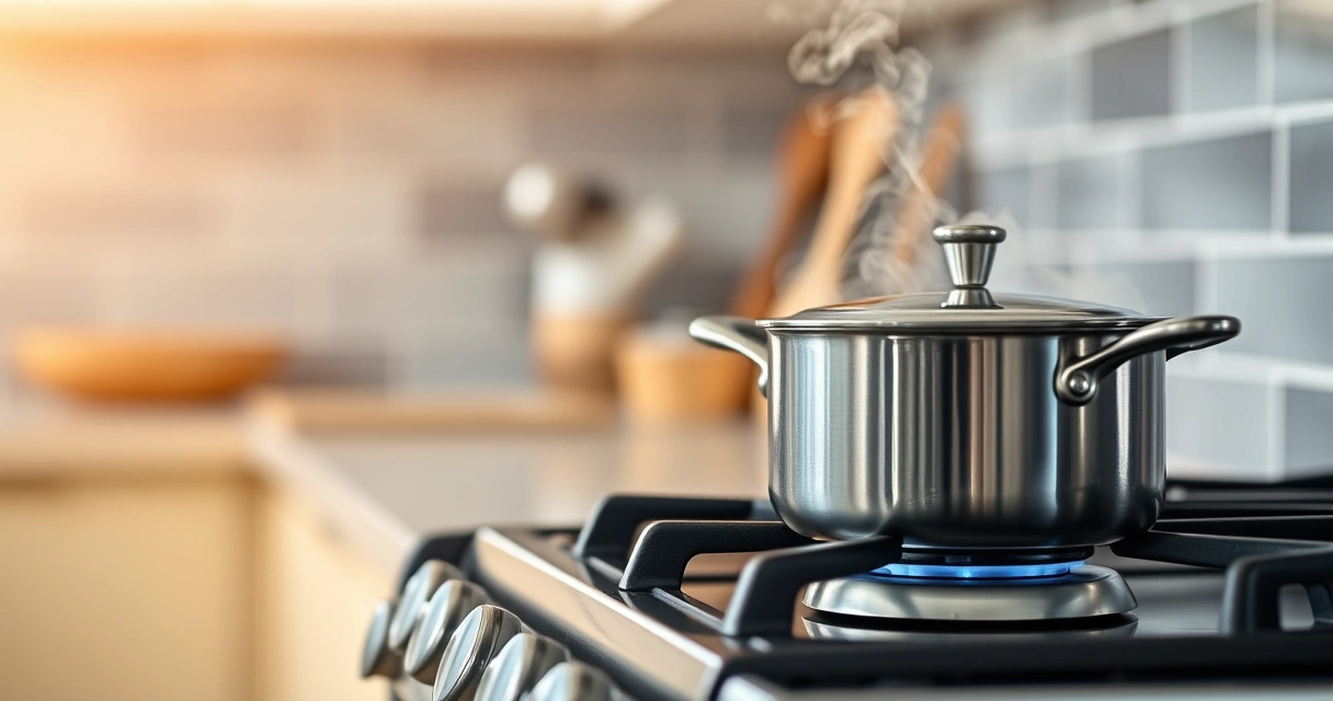 Panela sobre o fogão, com vapor subindo, e a bancada desfocada ao fundo