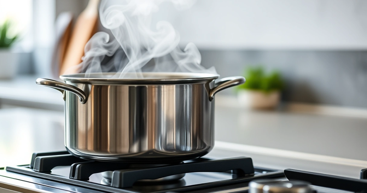 Panela sobre o fogão, com vapor subindo, e a bancada desfocada ao fundo