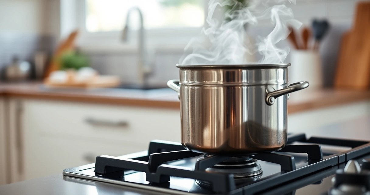 Panela sobre o fogão, com vapor subindo, e a bancada desfocada ao fundo