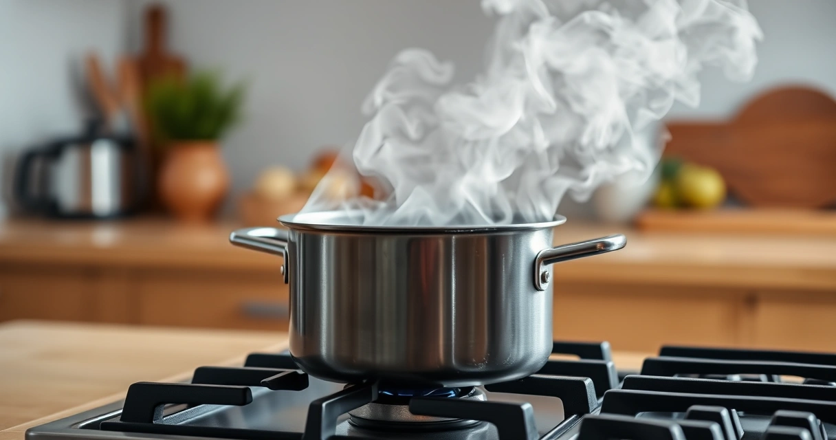 Panela sobre o fogão, com vapor subindo, e a bancada desfocada ao fundo