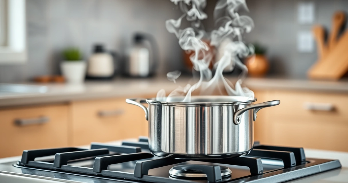 Panela sobre o fogão, com vapor subindo, e a bancada desfocada ao fundo