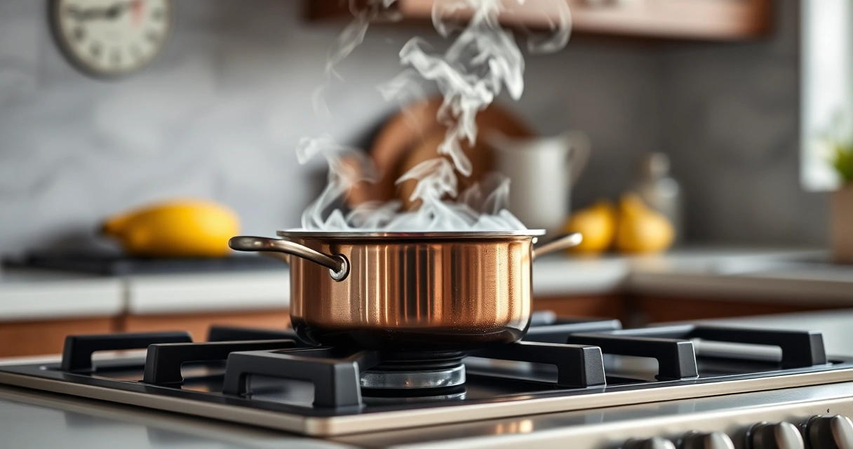 Panela sobre o fogão, com vapor subindo, e a bancada desfocada ao fundo