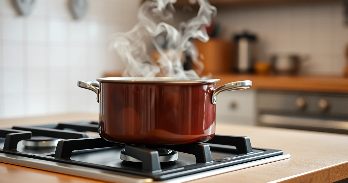 Panela sobre o fogão, com vapor subindo, e a bancada desfocada ao fundo