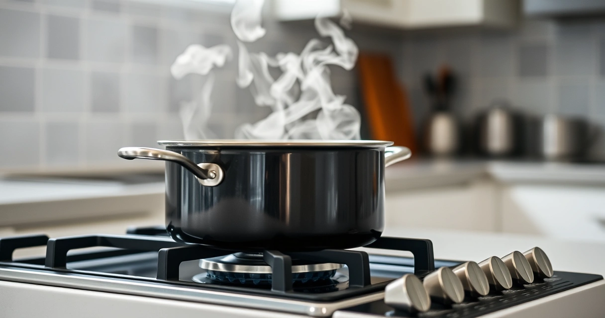Panela sobre o fogão, com vapor subindo, e a bancada desfocada ao fundo