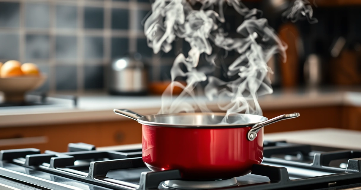 Panela sobre o fogão, com vapor subindo, e a bancada desfocada ao fundo