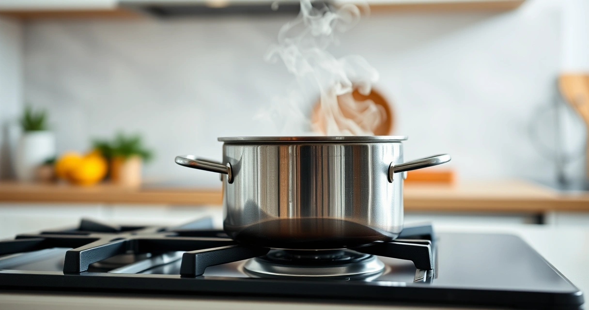 Panela sobre o fogão, com vapor subindo, e a bancada desfocada ao fundo