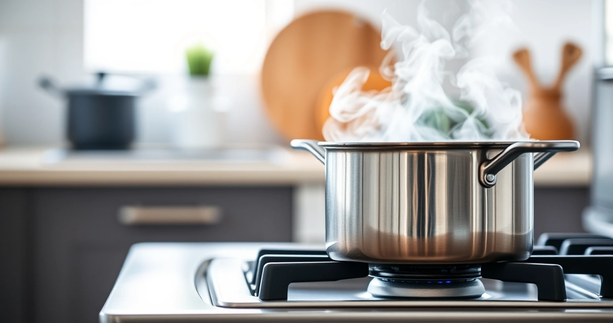 Panela sobre o fogão, com vapor subindo, e a bancada desfocada ao fundo