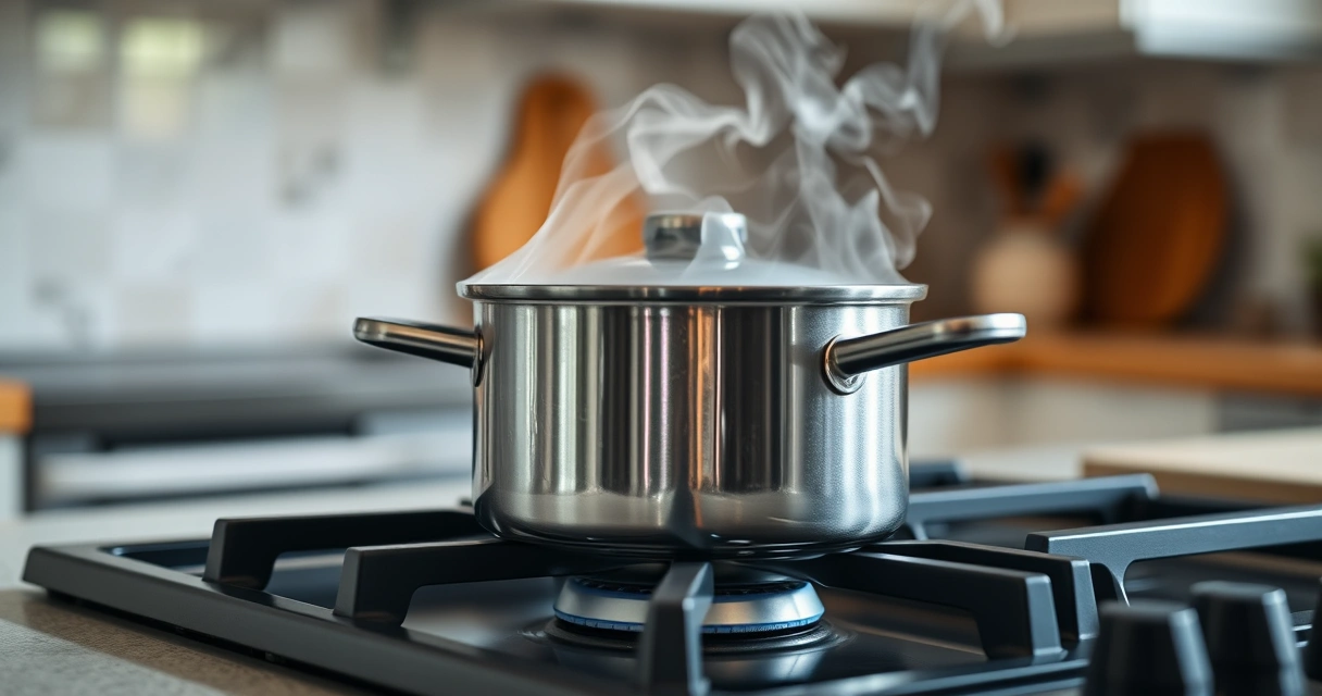 Panela sobre o fogão, com vapor subindo, e a bancada desfocada ao fundo