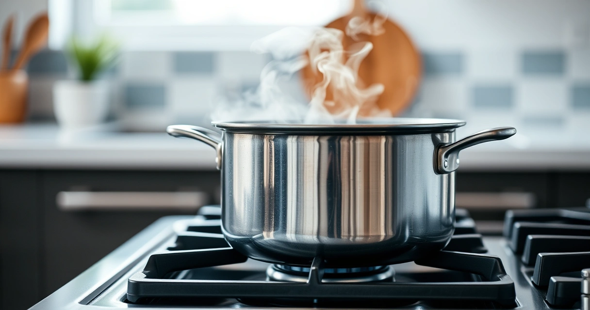 Panela sobre o fogão, com vapor subindo, e a bancada desfocada ao fundo