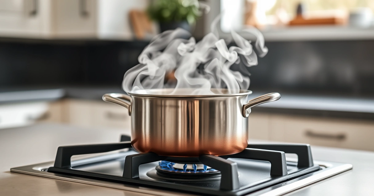 Panela sobre o fogão, com vapor subindo, e a bancada desfocada ao fundo
