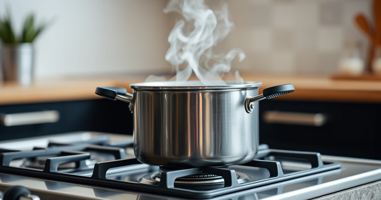 Panela sobre o fogão, com vapor subindo, e a bancada desfocada ao fundo