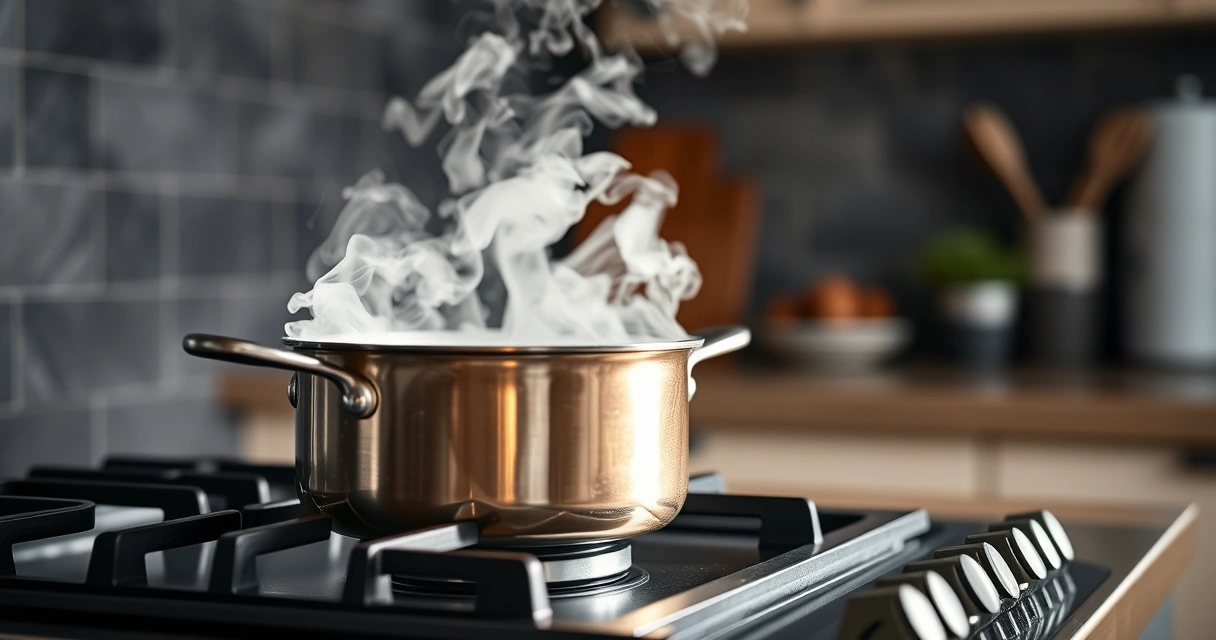 Panela sobre o fogão, com vapor subindo, e a bancada desfocada ao fundo