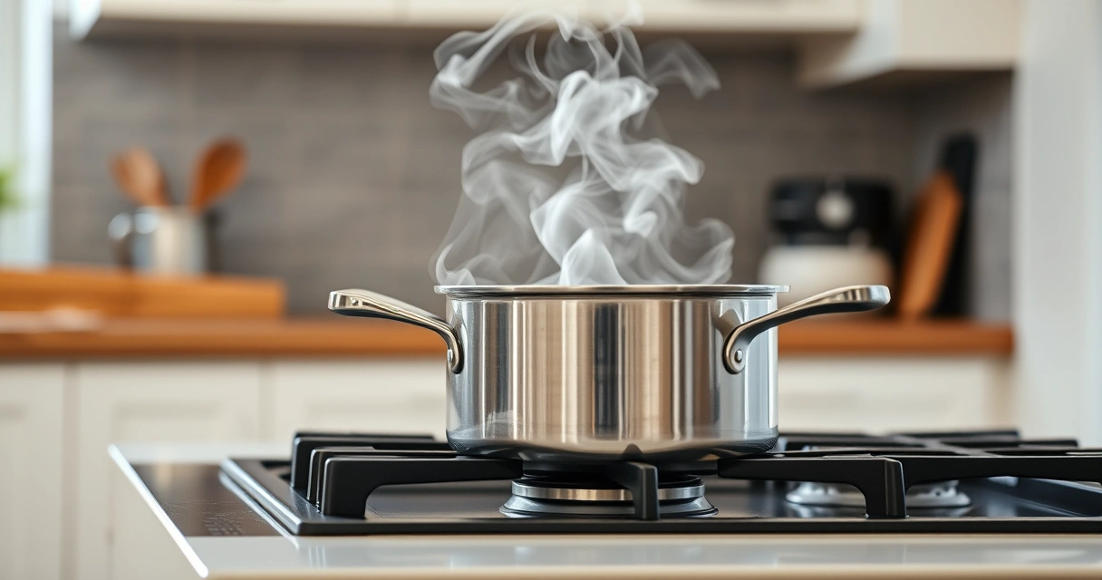 Panela sobre o fogão, com vapor subindo, e a bancada desfocada ao fundo