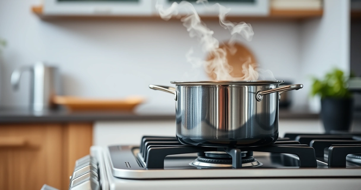 Panela sobre o fogão, com vapor subindo, e a bancada desfocada ao fundo