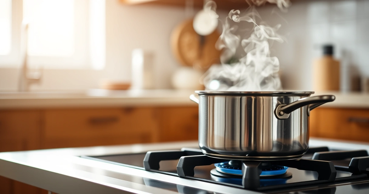 Panela sobre o fogão, com vapor subindo, e a bancada desfocada ao fundo