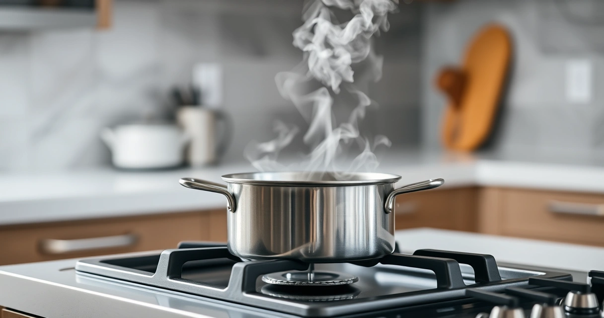 Panela sobre o fogão, com vapor subindo, e a bancada desfocada ao fundo