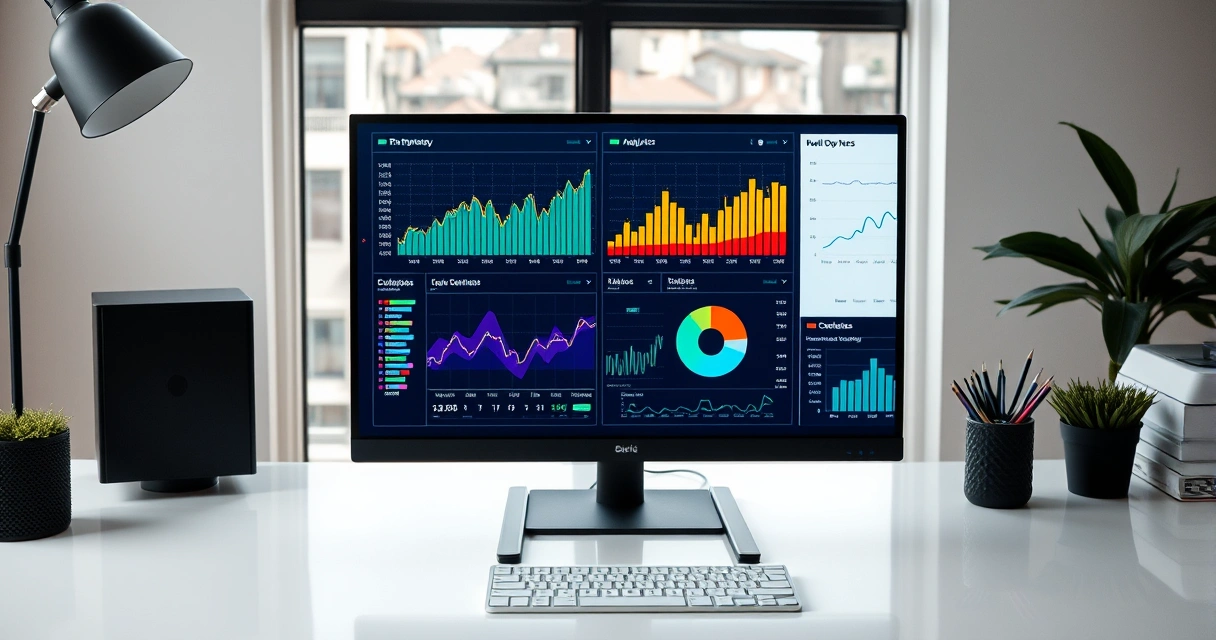 Monitor exibindo gráficos coloridos sobre uma mesa organizada
