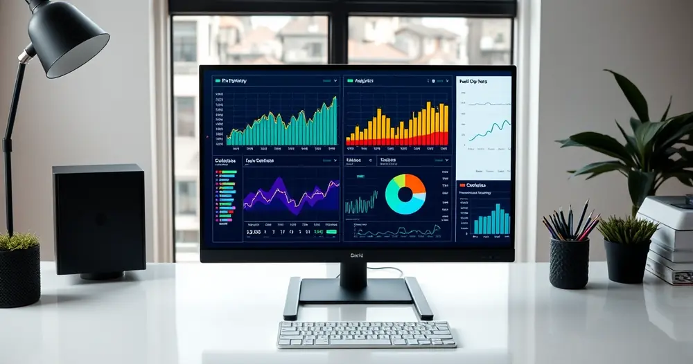 Monitor exibindo gráficos coloridos sobre uma mesa organizada