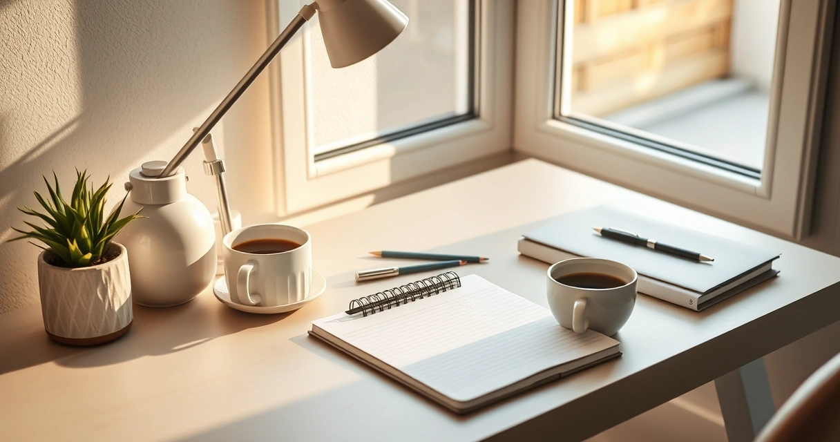 Escrivaninha organizada com caderno, caneta e xícara de café