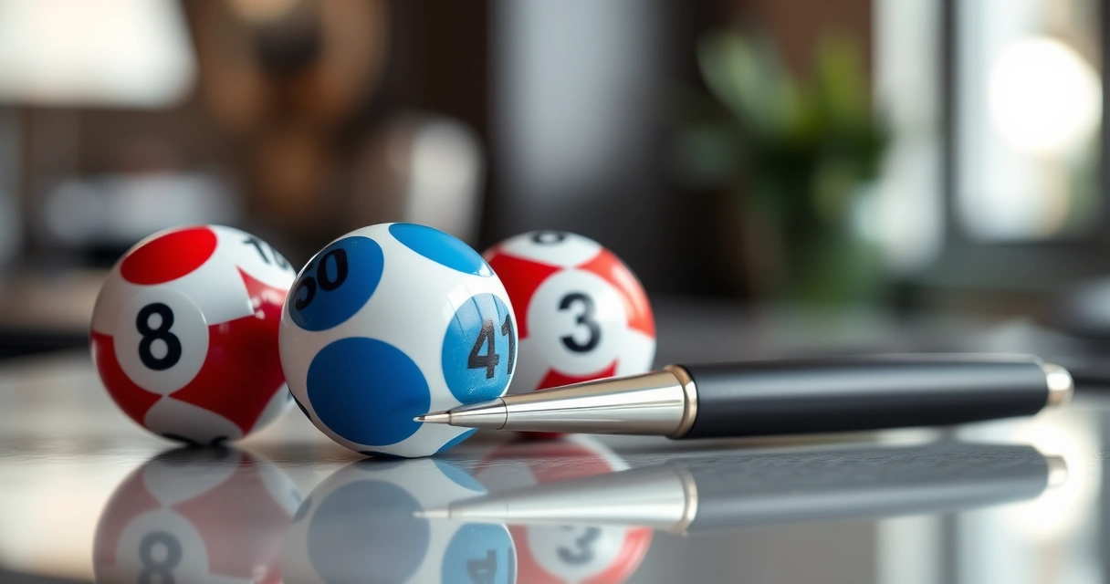 Bolas de sorteio e uma caneta sobre um balcão