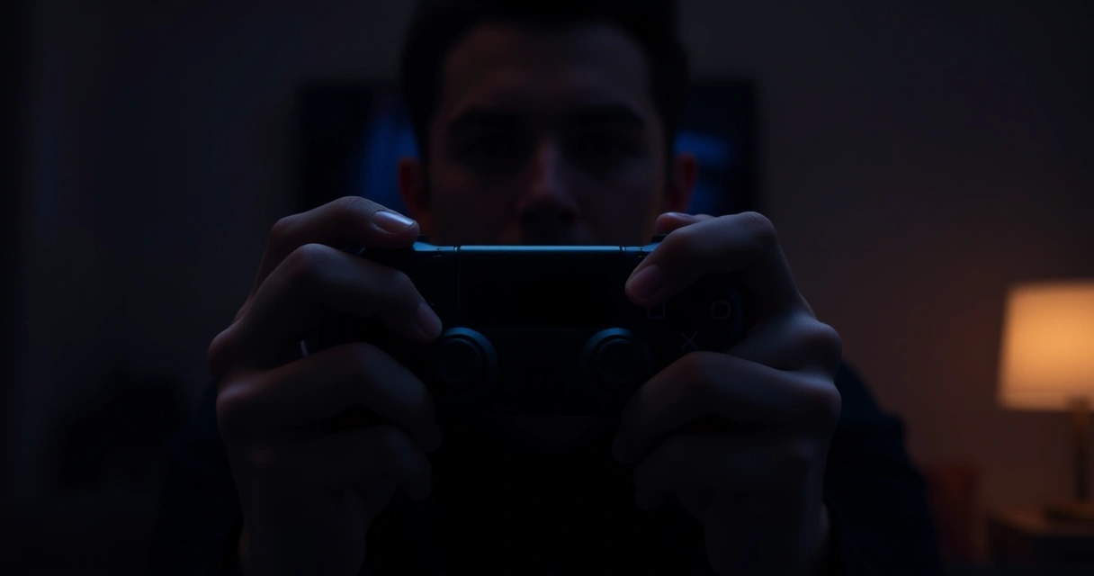 Mãos segurando um controle de videogame, com o brilho da tela ao fundo