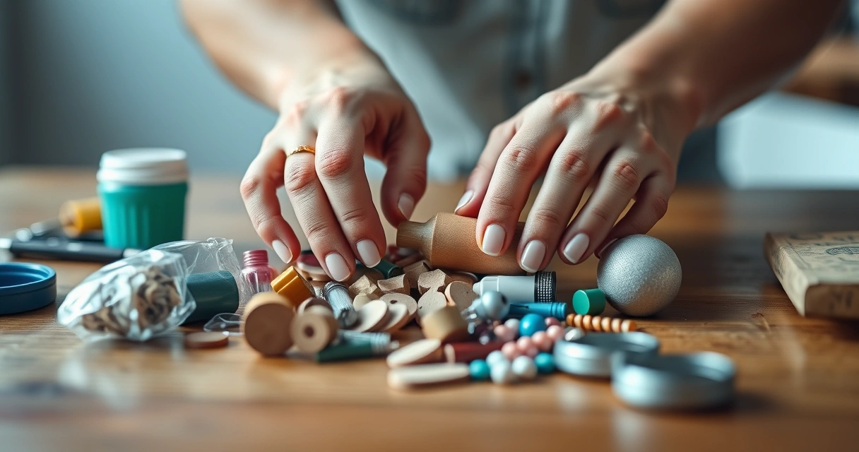 Mãos separando pequenos objetos domésticos sobre uma mesa de madeira