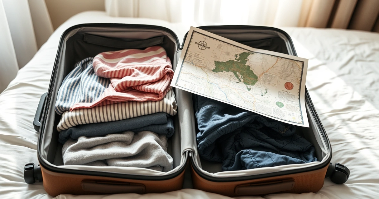 Mala aberta com roupas dobradas e um mapa de papel sobre a cama