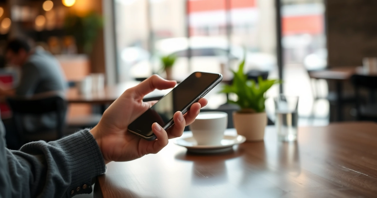 Pessoa segurando um celular na mesa de uma cafeteria