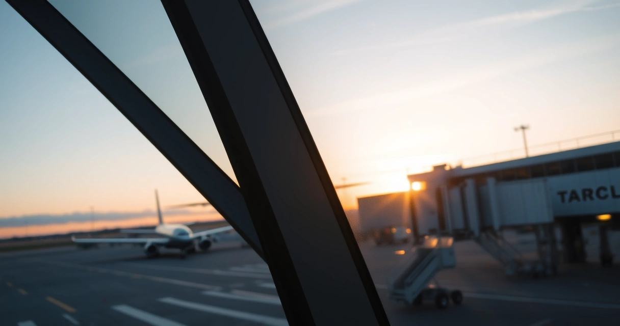 Janela de terminal de aeroporto com um avião do lado de fora, ao amanhecer