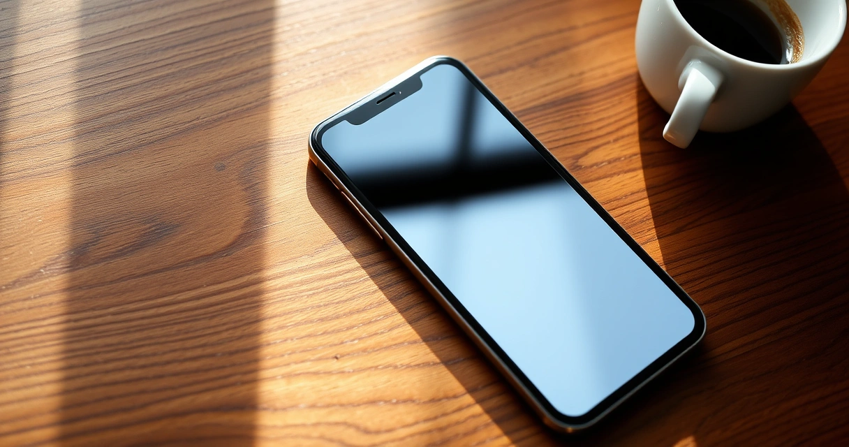 Celular sobre uma mesa de madeira, ao lado de uma xícara de café