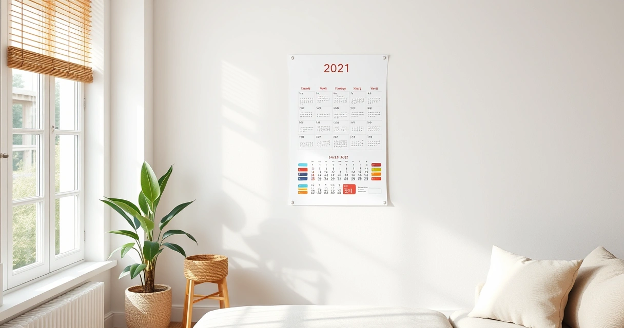 Calendário de parede e um vaso de planta no canto de uma sala