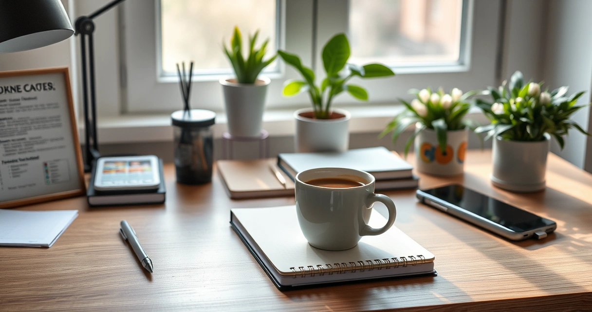 Escrivaninha organizada com caderno, caneta e xícara de café