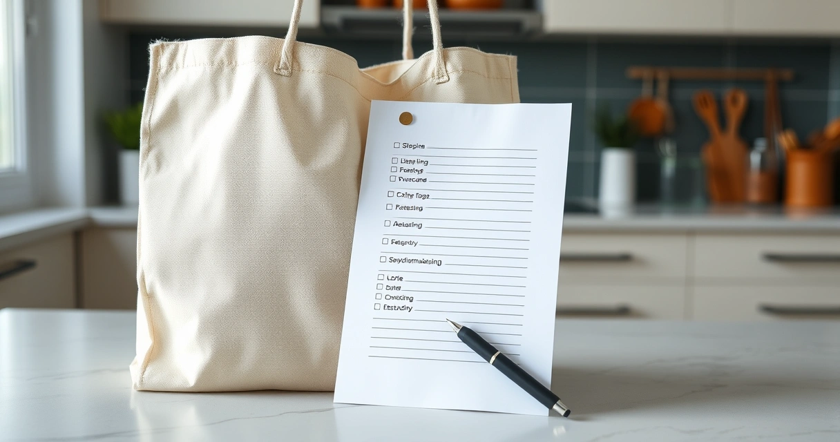 Lista de papel e caneta ao lado de uma sacola na bancada da cozinha
