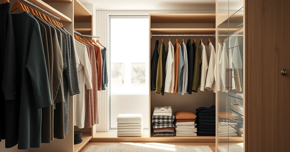 Roupas dobradas com cuidado dentro de um guarda-roupa aberto