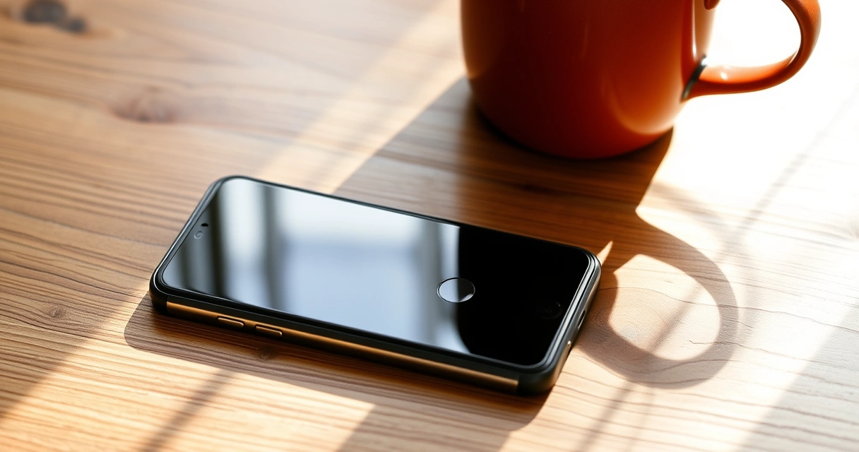Celular sobre uma mesa de madeira, ao lado de uma xícara de café