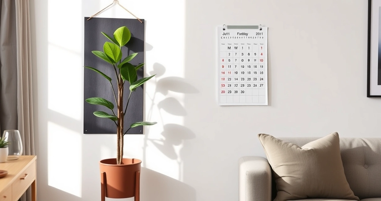 Calendário de parede e um vaso de planta no canto de uma sala